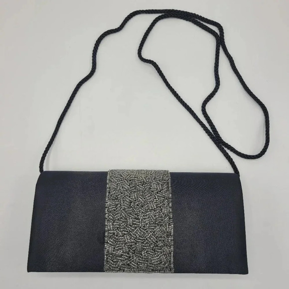 Vintage Jessica McClintock Black Satin Clutch Evening Bag Silver Beaded Accent - Picture 2 of 15